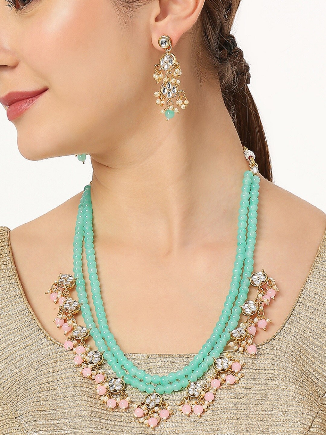 

OOMPH Kundan-Studded & Artificial Beaded Jadau Jewellery Set, Gold