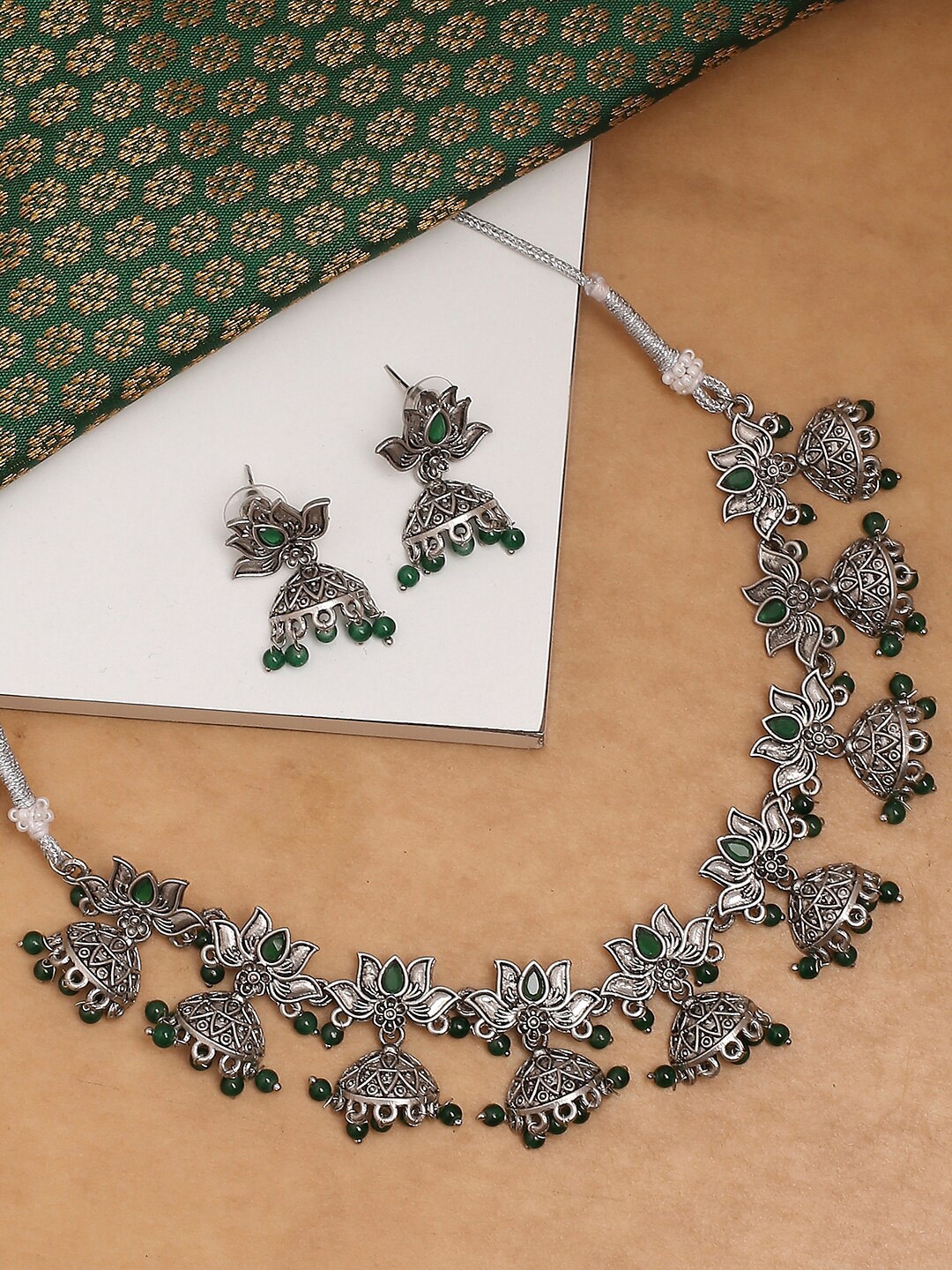 

OOMPH Silver-Plated Oxidised Stone-Studded & Pearl Beaded Jewellery Set