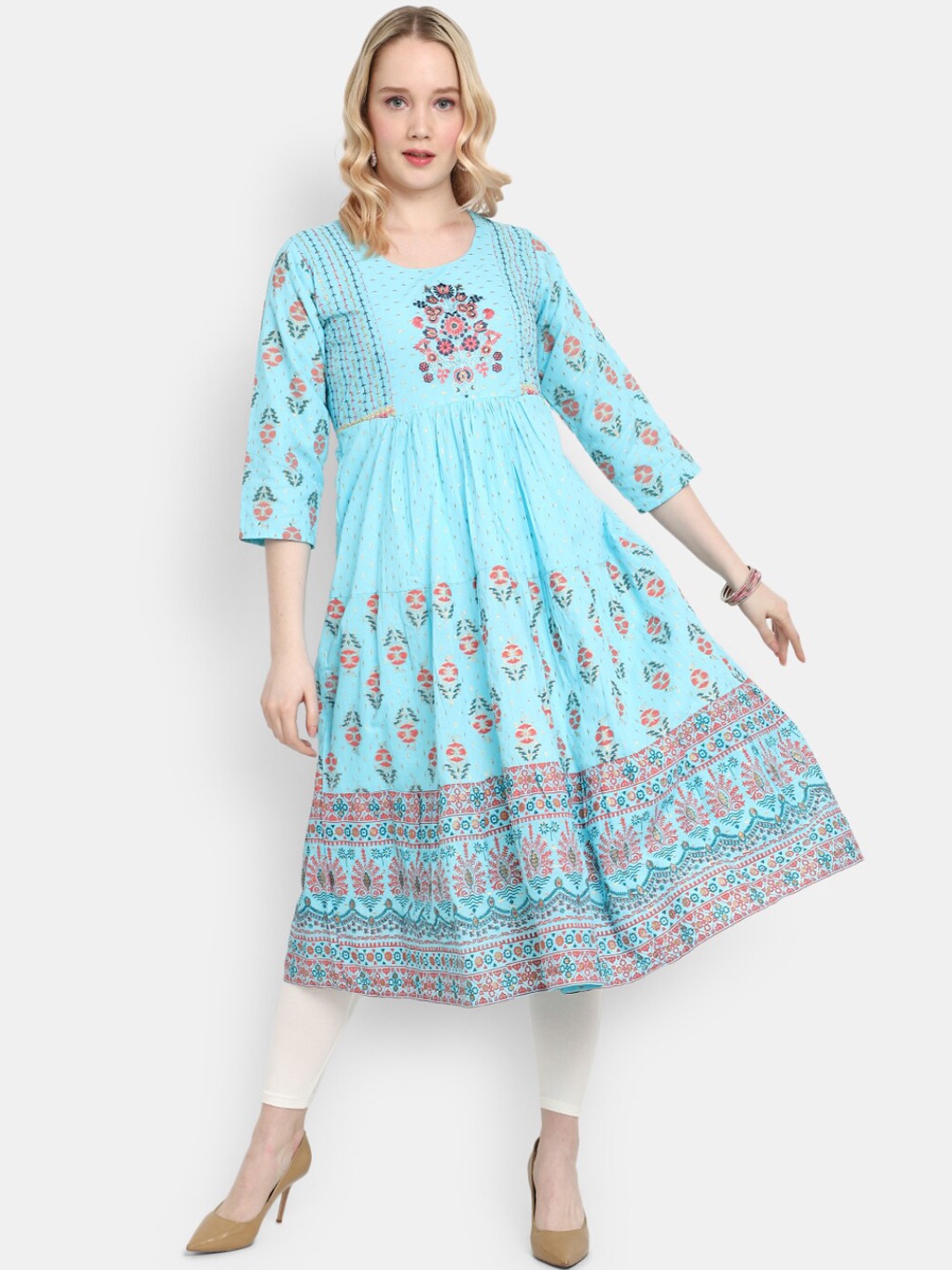 

V-Mart WFloral Embroidered A-Line Cotton Kurta, Blue