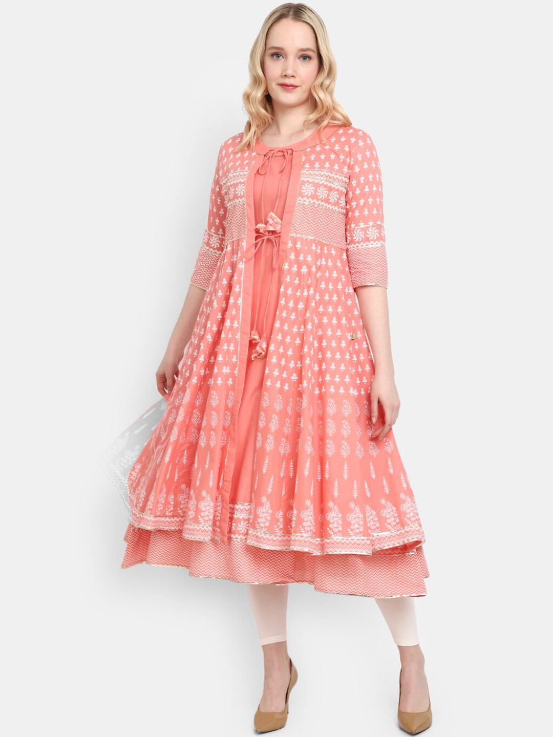 

V-Mart Ethnic Motifs Printed Gotta Patti Pure Cotton Anarkali Kurta, Peach