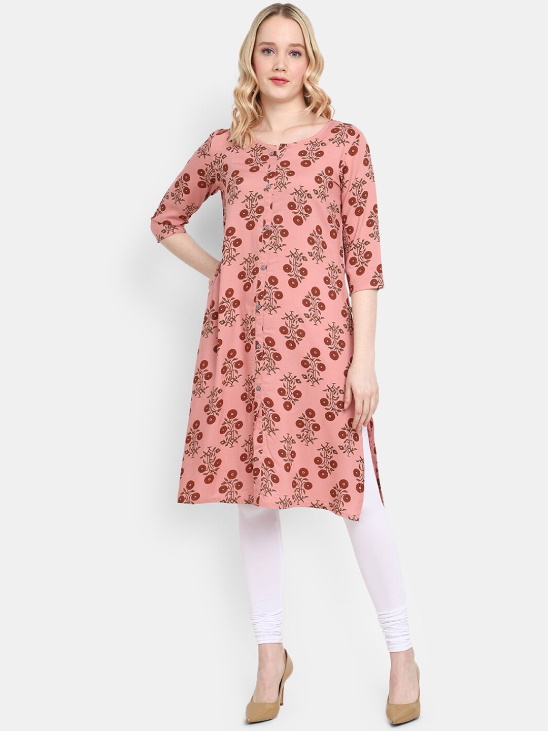 

V-Mart Round Neck Straight Floral Printed Kurta, Pink