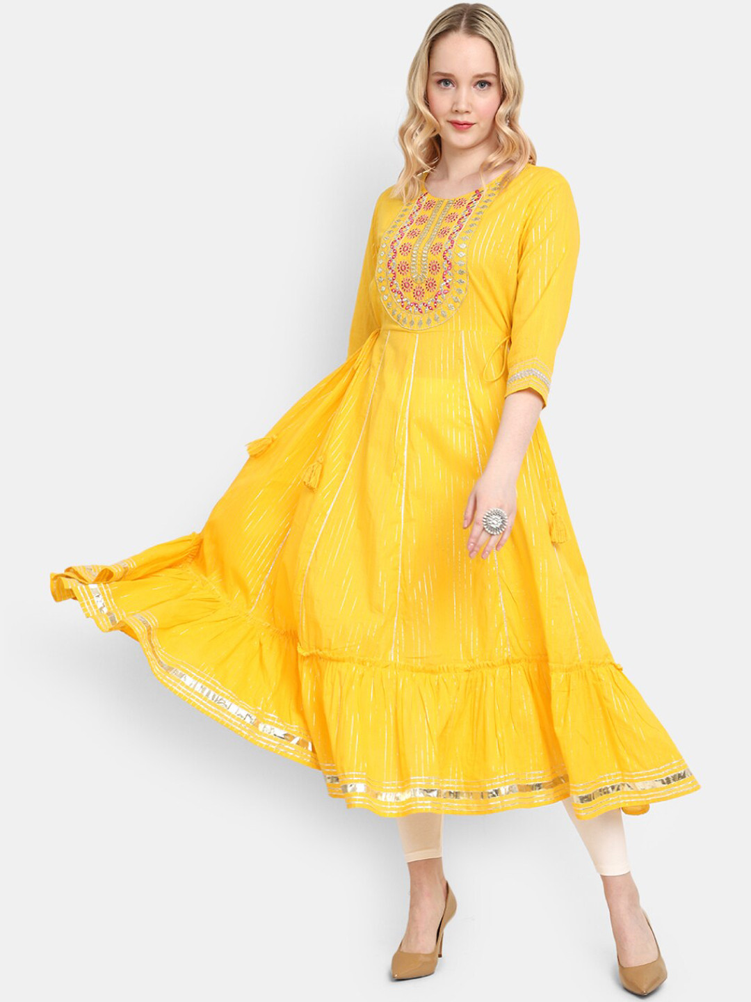 

V-Mart Floral Thread work Yoke Design Cotton Anarkali Kurta, Yellow