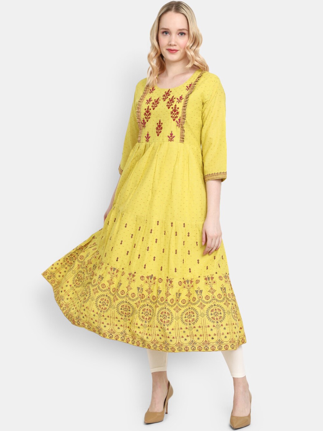 

V-Mart Floral Embroidered Cotton A-Line Kurta, Yellow