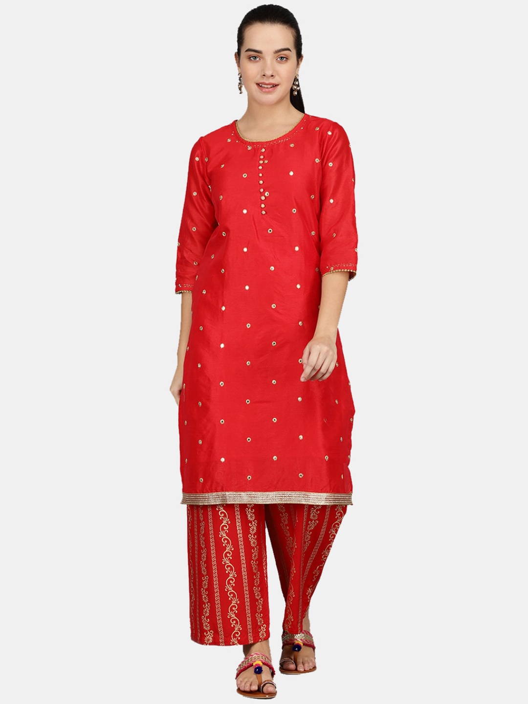 

V-Mart Straight Mirror Work Cotton Kurta, Red