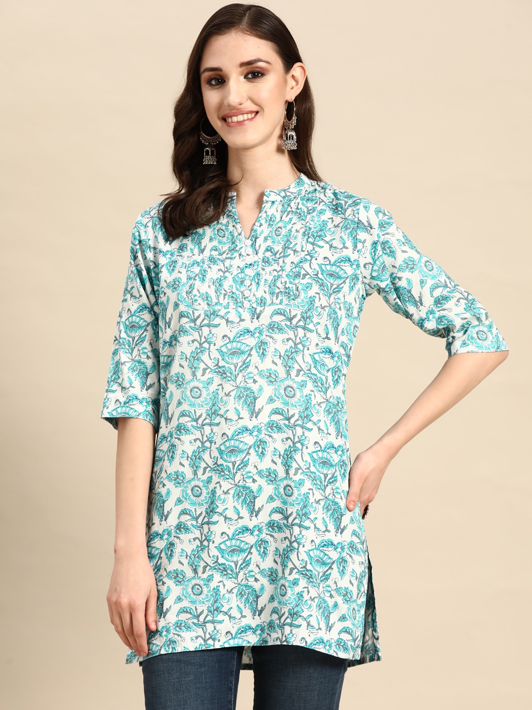 

INDYES Floral Printed Kurti, Turquoise blue