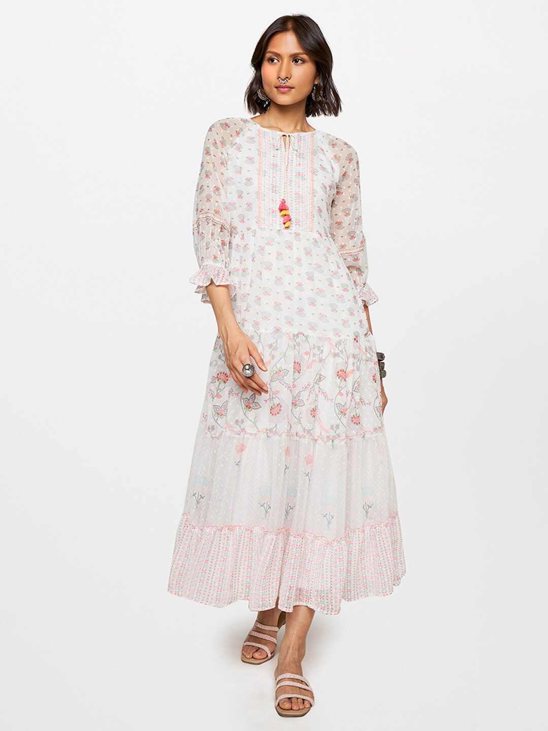 

Global Desi Floral Printed Tie-Up Neck Tiered A-Line Dress, Off white
