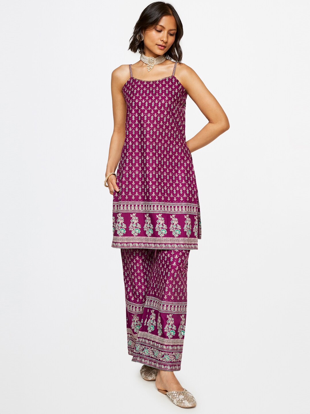 

Global Desi Ethnic Motifs Printed Kurta with Palazzos, Purple