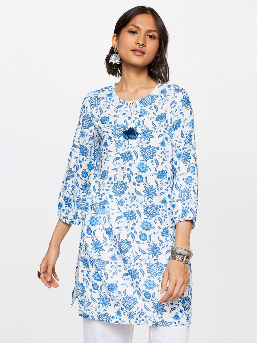 

Global Desi Floral Printed Viscose Tunic, White