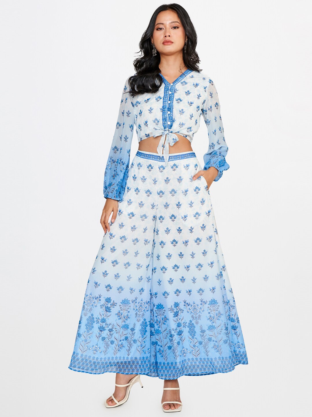 

Global Desi Blue & White Printed Top with Palazzo