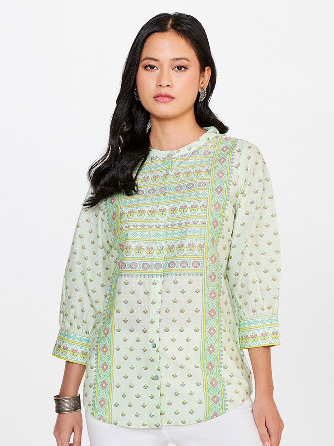 

Global Desi Floral Print Mandarin Collar Cotton Top, Green