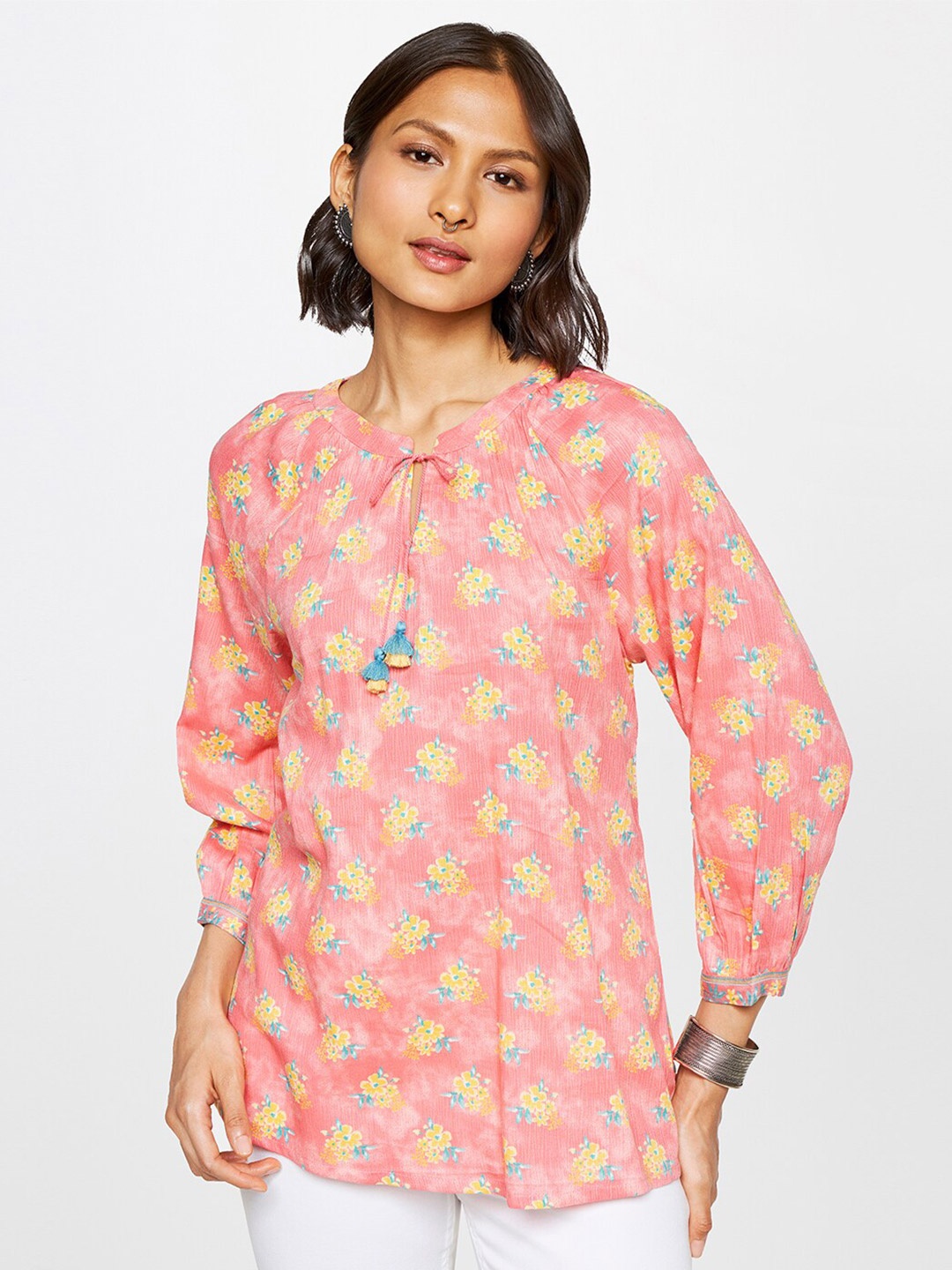 

Global Desi Tie-Up Neck Floral Print Top, Pink