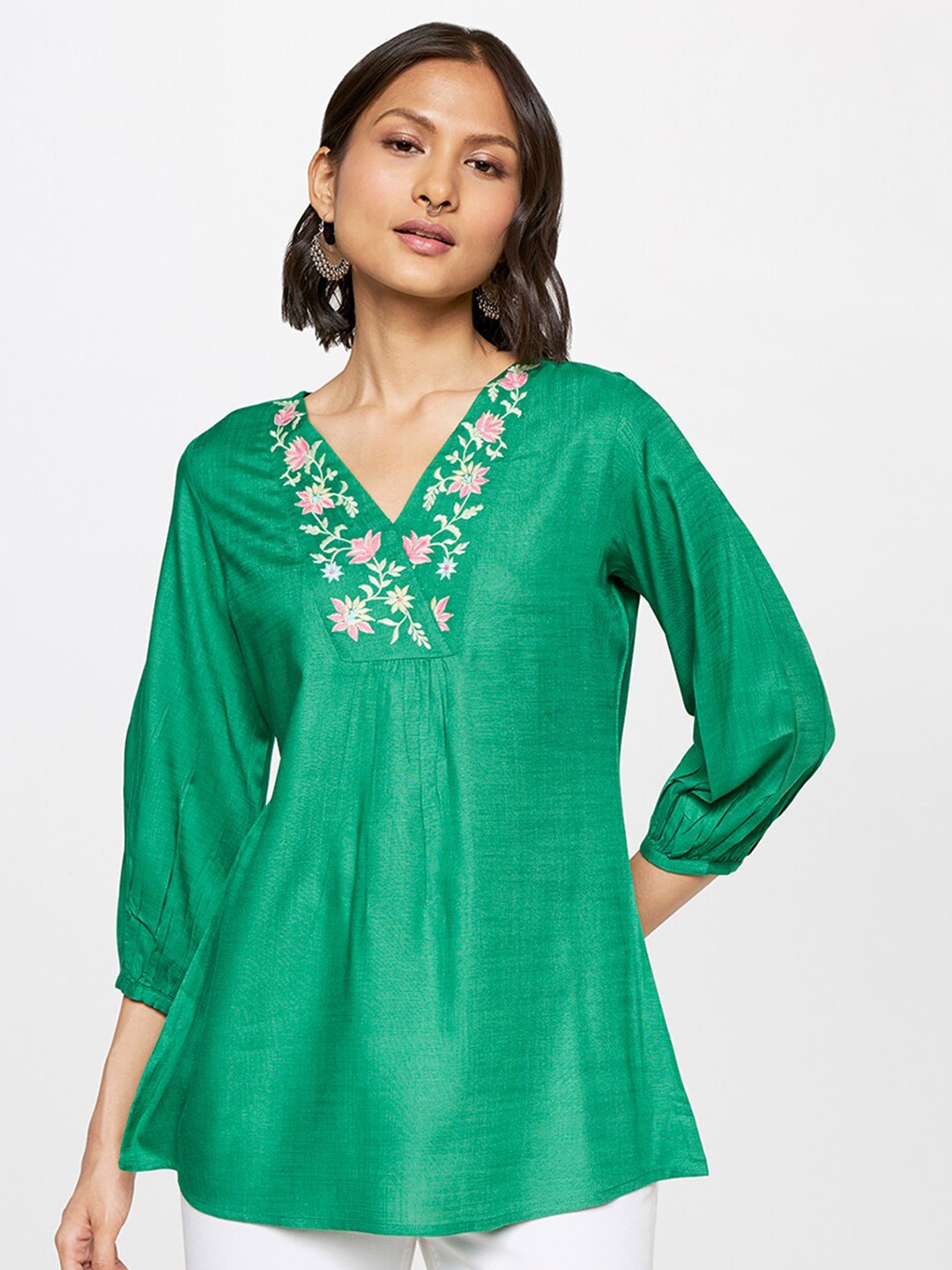 

Global Desi V-Neck Embroidered Top, Green
