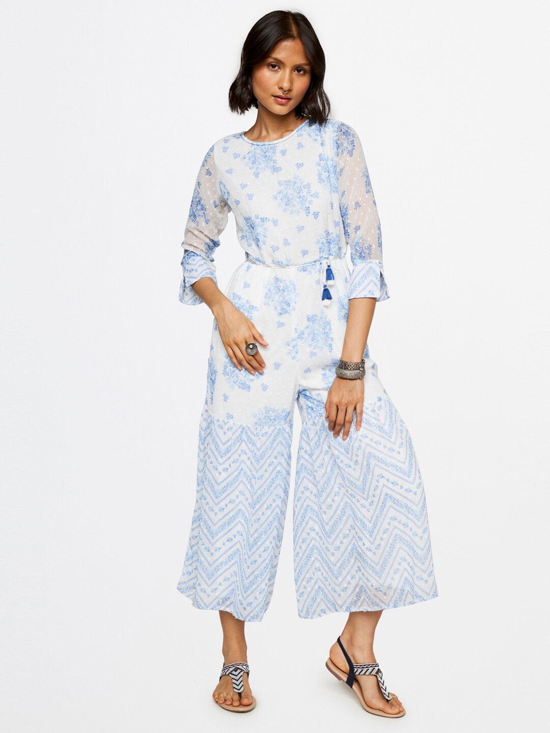 

Global Desi Women Printed Round Neck Basic Jumpsuit, White
