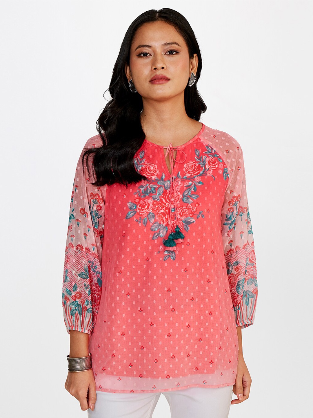 

Global Desi Floral Printed Tie-Up Neck Top, Coral