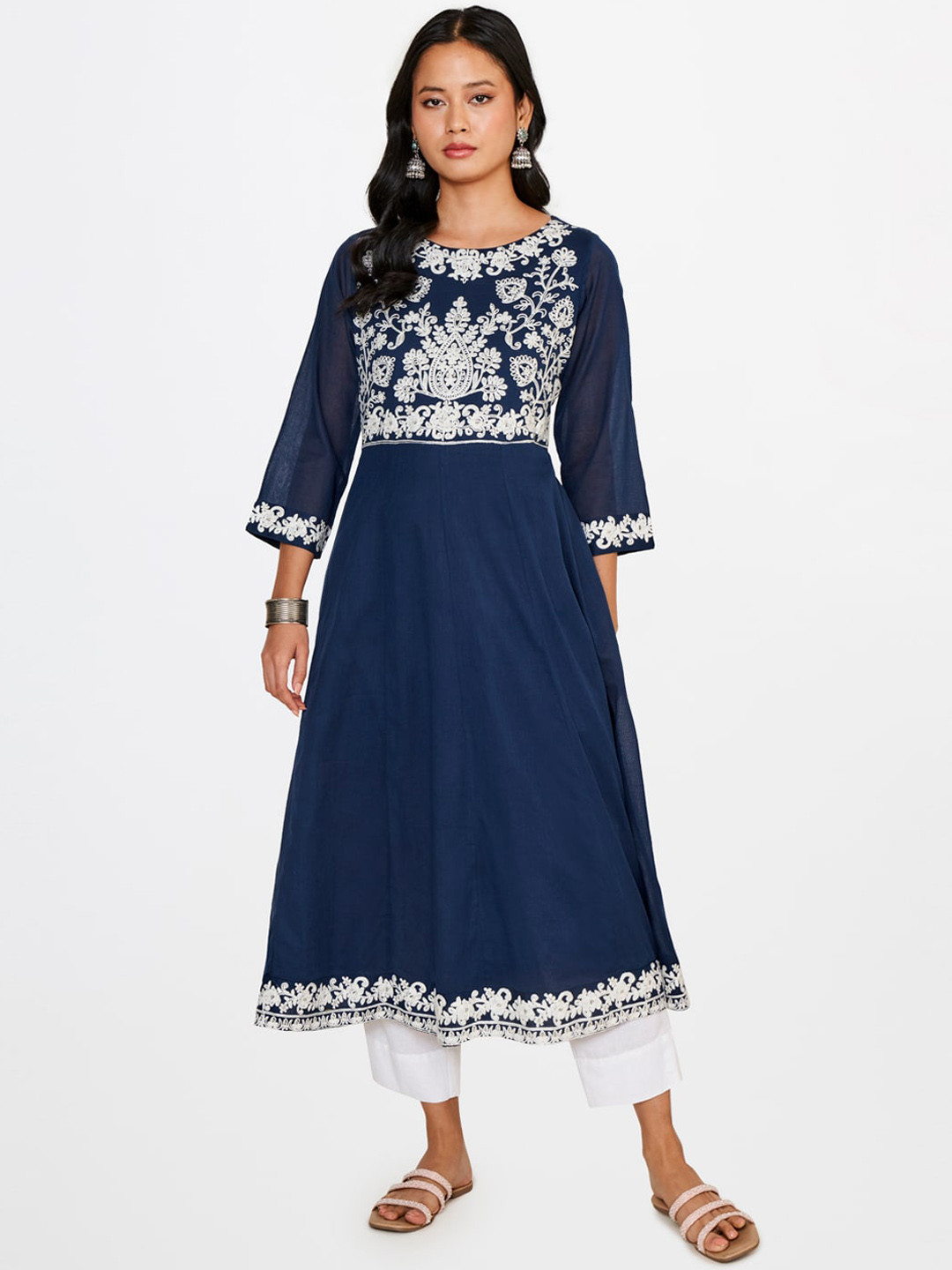 

Global Desi Ethnic Motifs Embroidered Thread Work Anarkali Kurta, Navy blue