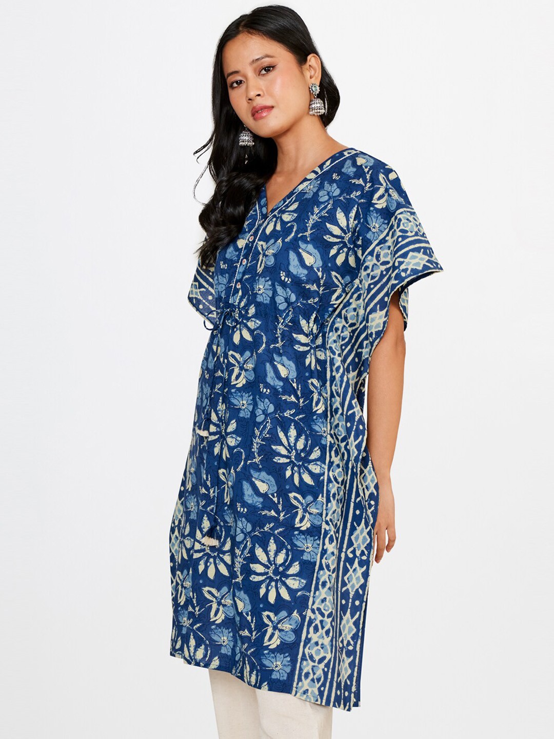 

Global Desi Floral Printed Pure Cotton Kaftan Kurta, Blue