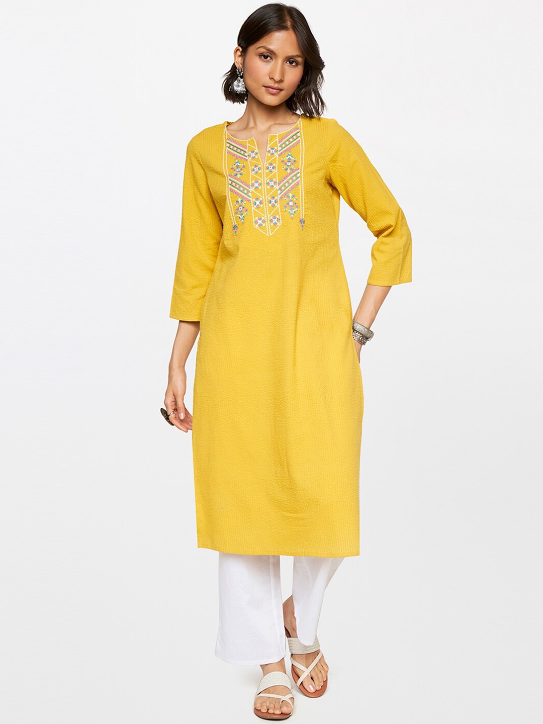 

Global Desi Floral Yoke Design Mirror Work Pure Cotton Kurta, Yellow