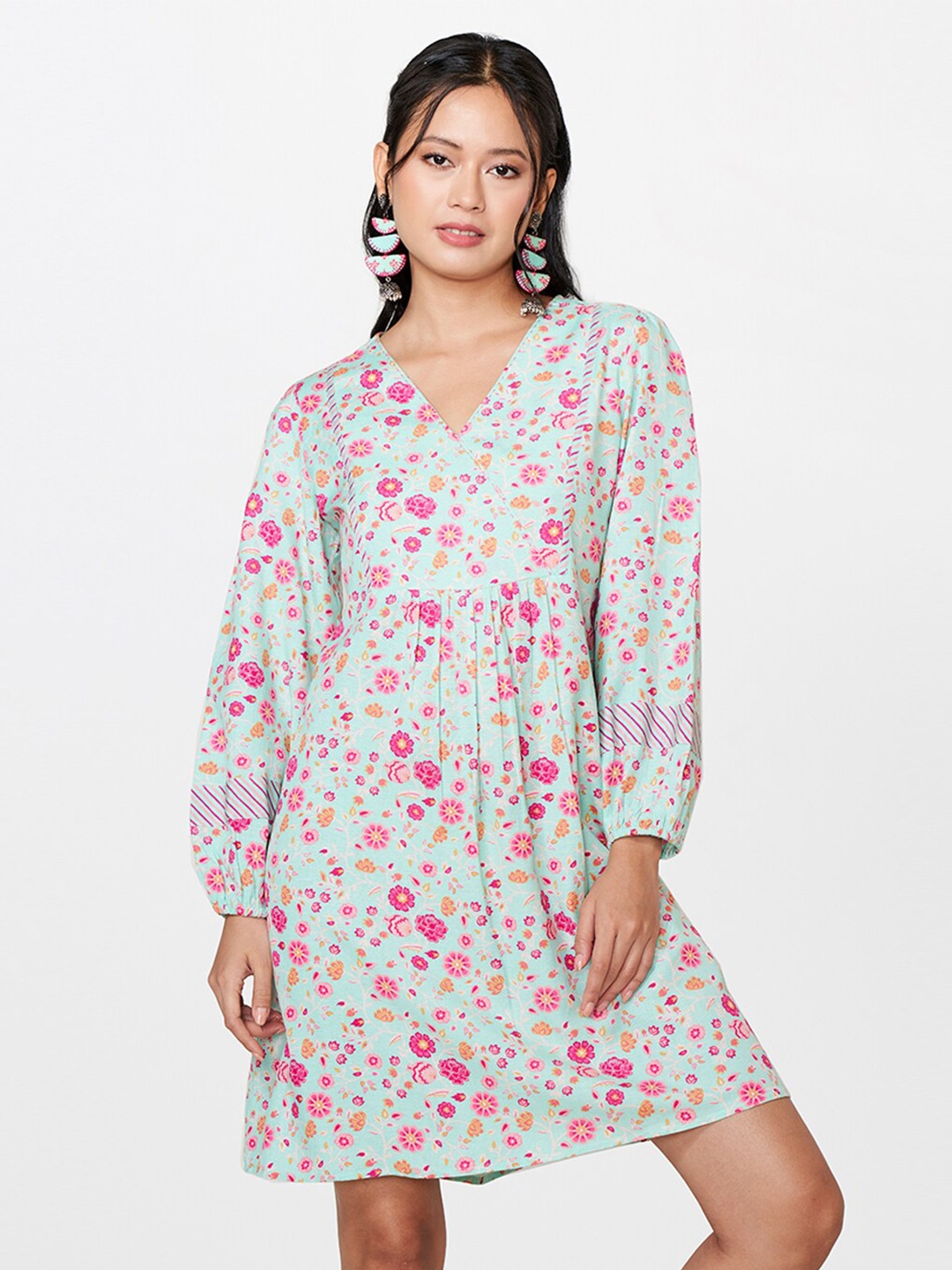

Global Desi Floral Printed Puff Sleeves A-Line Dress, Blue