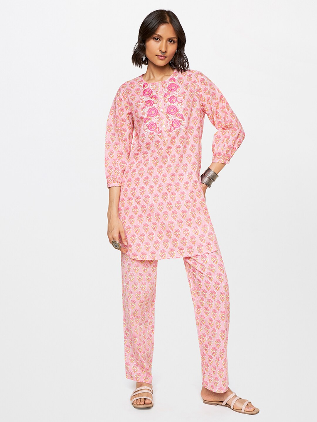 

Global Desi Floral Printed Thread Work Pure Cotton Kurti with Trousers, Pink