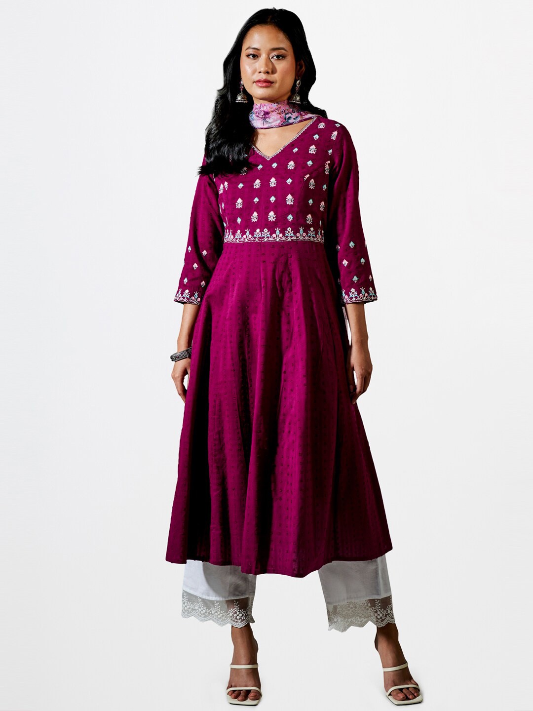 

Global Desi Ethnic Motifs Embroidered Anarkali Pure Cotton Kurta with Dupatta, Magenta