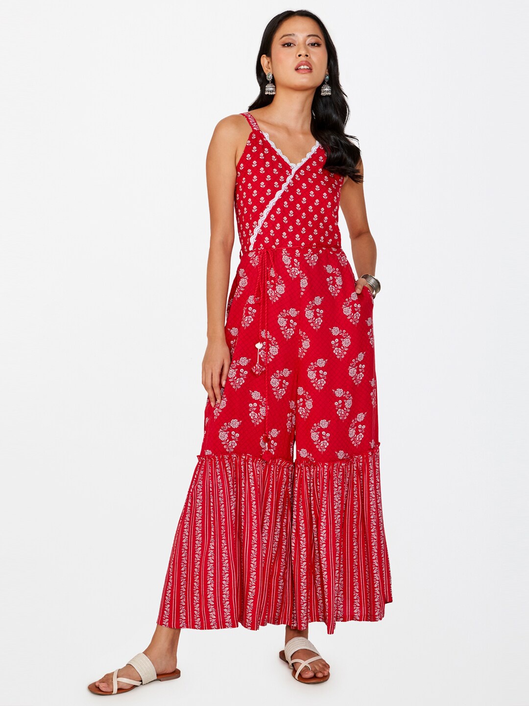 

Global Desi Women Printed V-Neck Sleeveless Basic Jumpsuit, Red