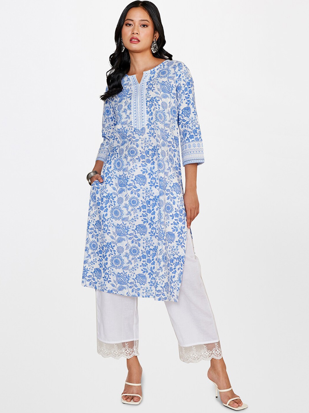 

Global Desi Ethnic Motifs Printed Pure Cotton Kurta, Blue