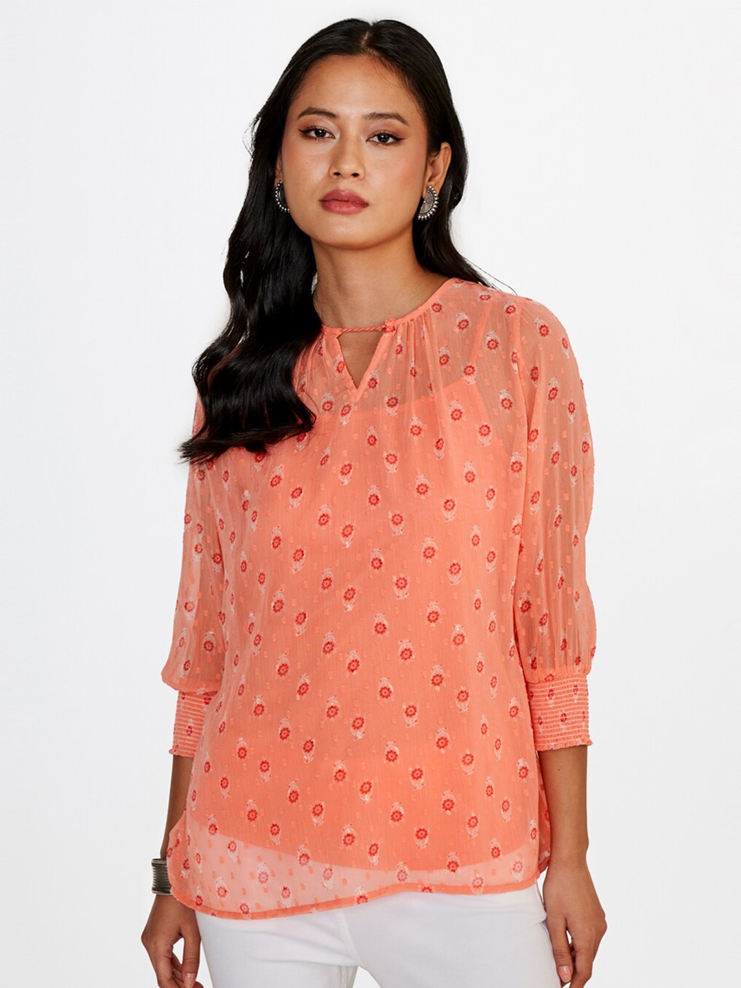 

Global Desi Keyhole Collar Floral Print Shirt Style Top, Orange