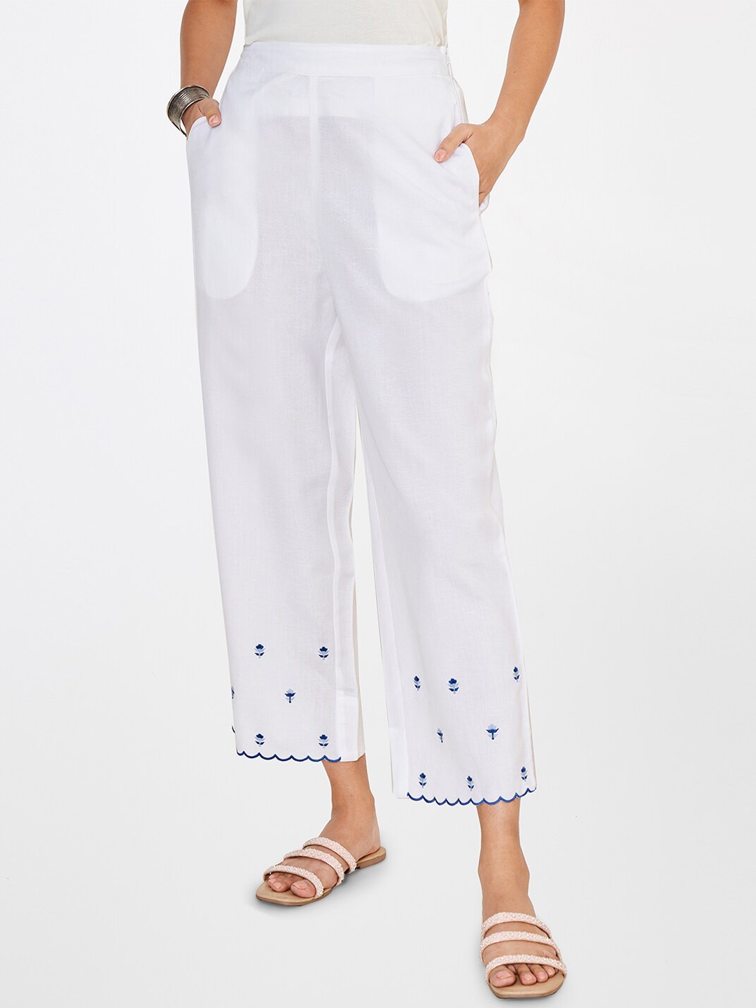 

Global Desi Women Embroidered Straight Fit Trousers, White