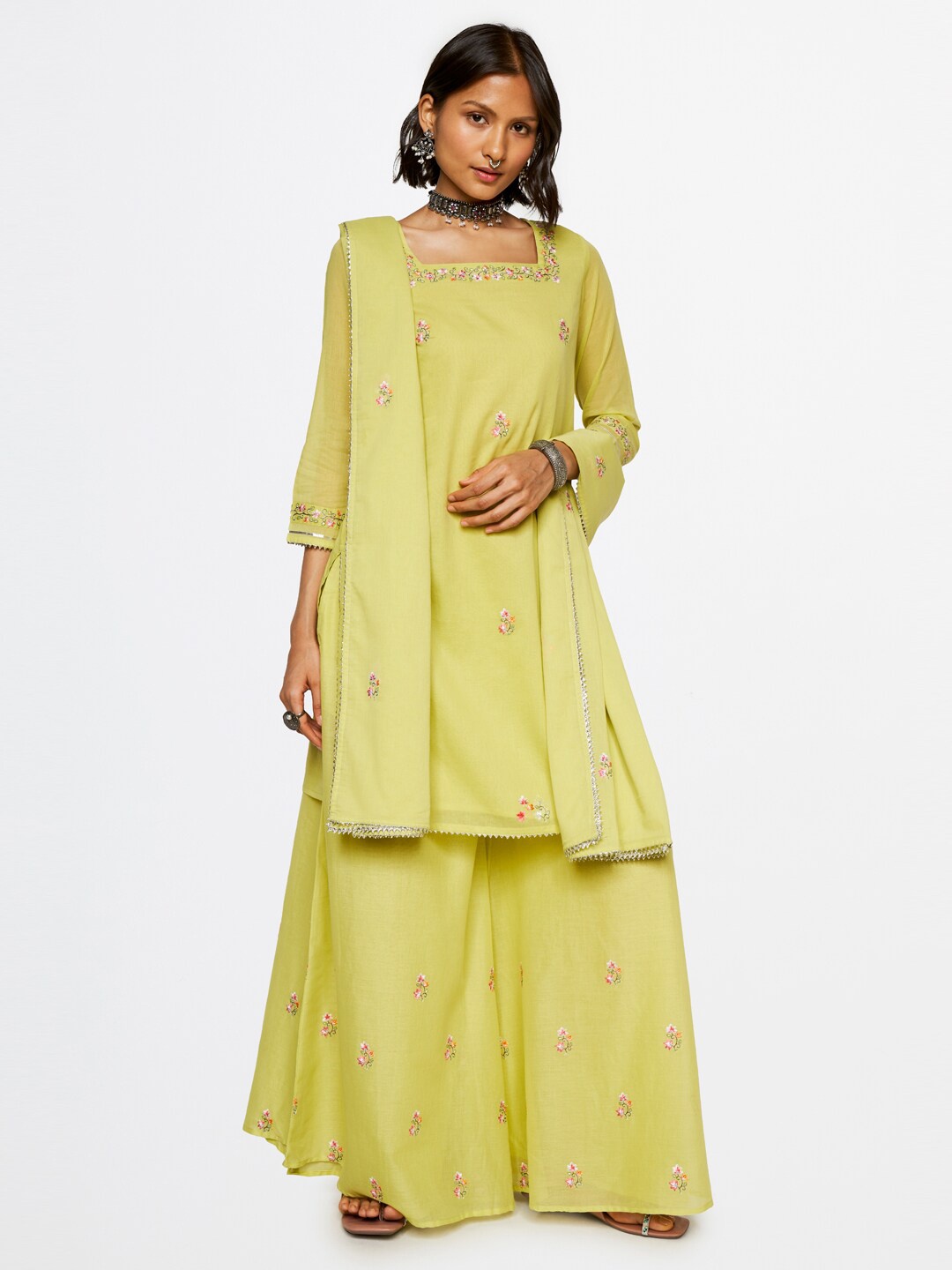 

Global Desi Floral Embroidered Pure Cotton Kurta with Sharara & Dupatta, Green