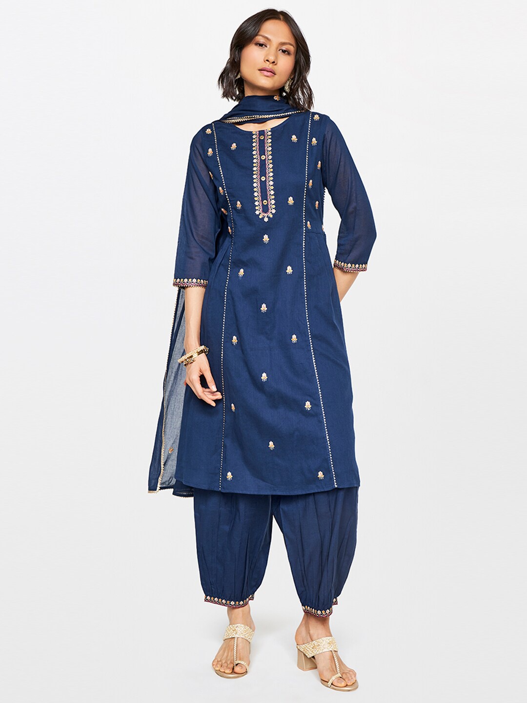 

Global Desi Floral Embroidered Panelled Pure Cotton Kurta with Salwar & Dupatta, Navy blue