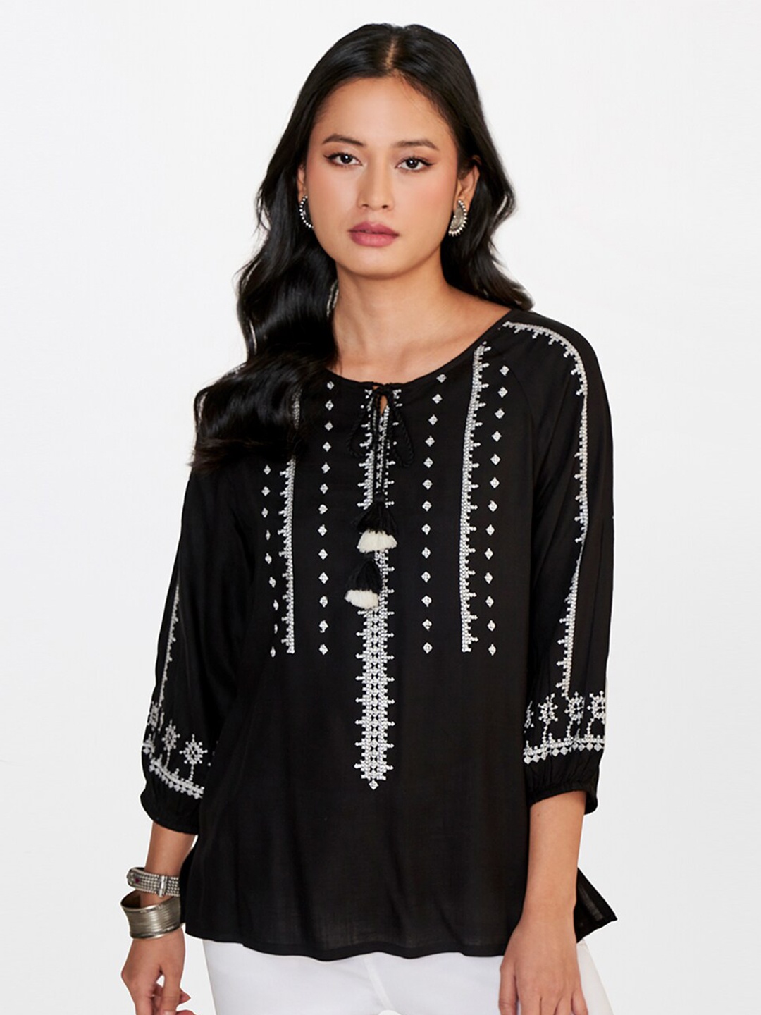 

Global Desi Tie-Up Neck Embroidered Top, Black
