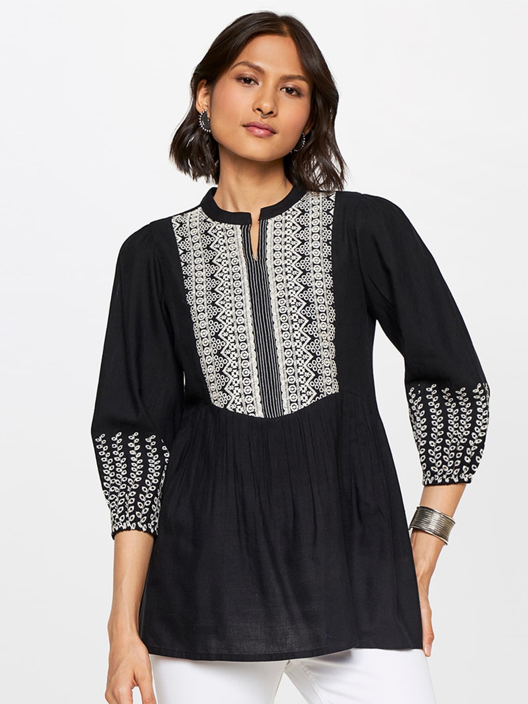 

Global Desi Floral Embroidered Mandarin Collar Puff Sleeves Top, Black