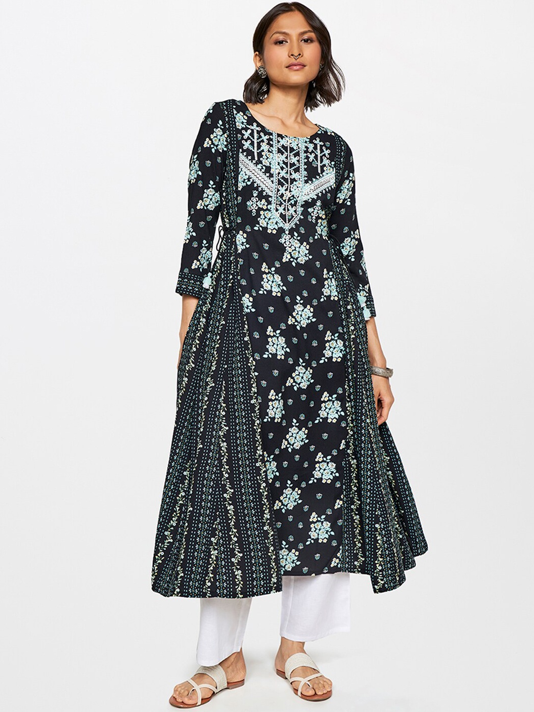 

Global Desi Floral Printed Mirror Work A-Line Kurta, Black