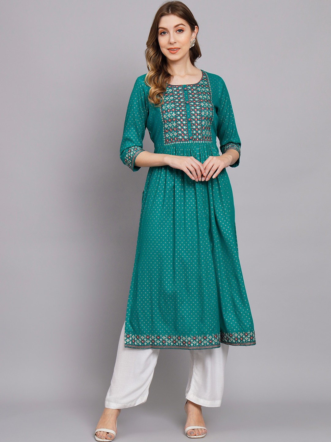 

Nehamta Floral Printed Thread Work Anarkali Kurta, Turquoise blue