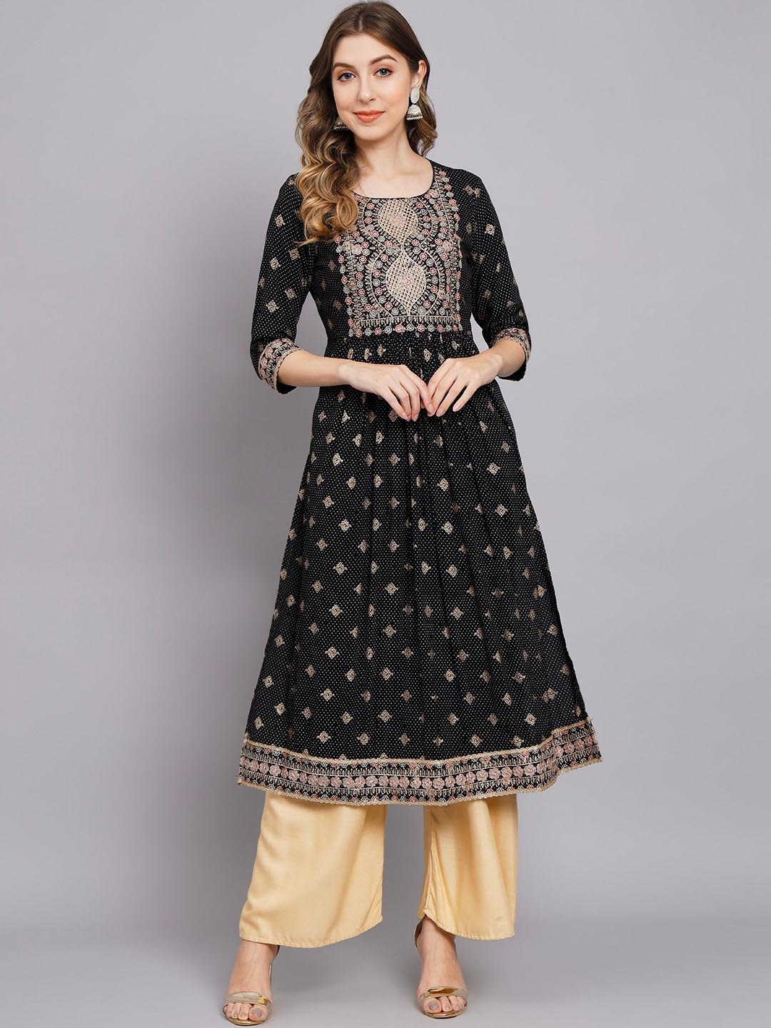 

Nehamta Ethnic Motifs Printed Round Neck Thread Work A-Line Kurta, Black