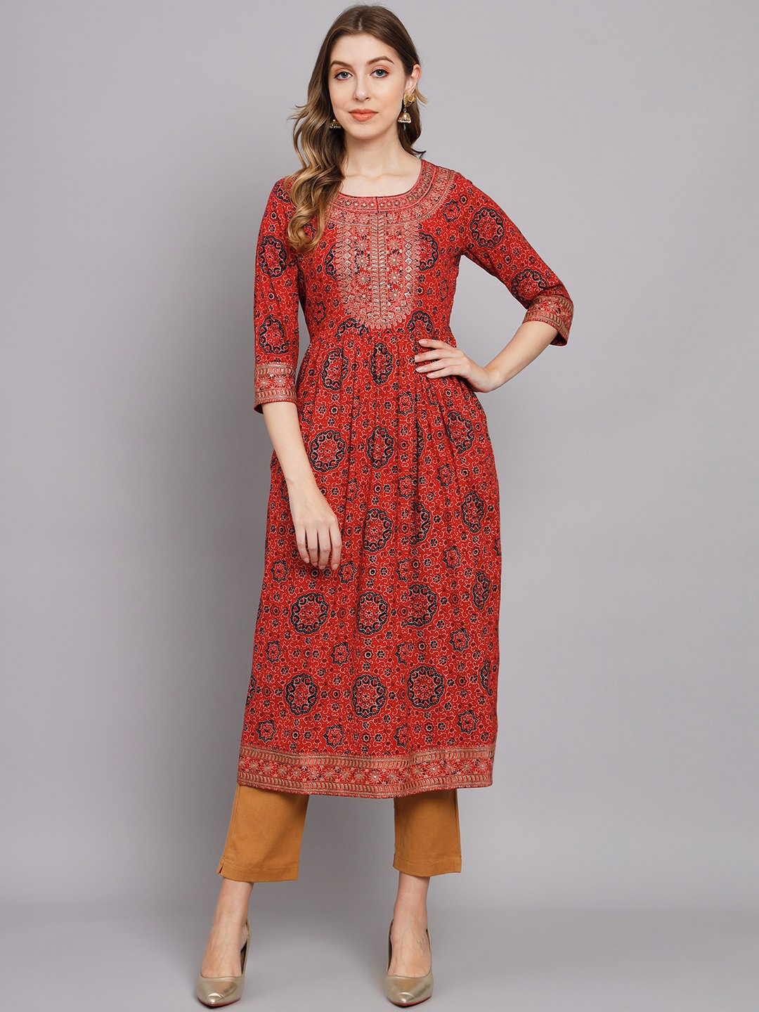 

Nehamta Ethnic Motifs Printed Sequins Detail Summer Sheers Pure Cotton Kurta, Red