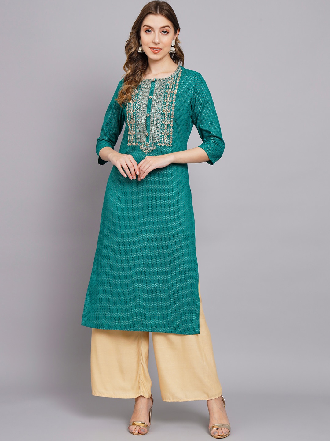 

Nehamta Ethnic Motifs Printed Summer Sheers Kurta, Turquoise blue