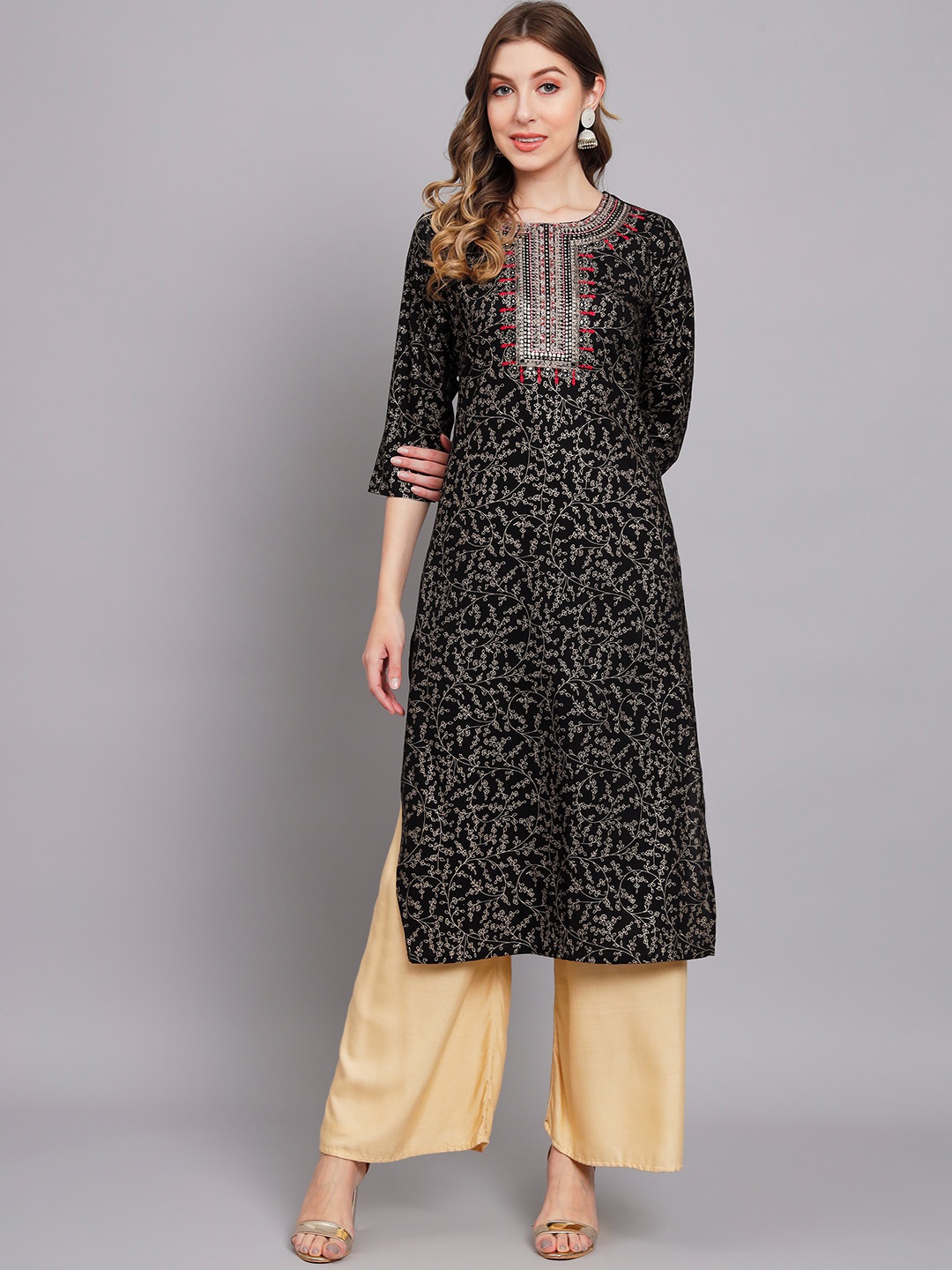 

Nehamta Ethnic Motifs Printed Thread Work Kurta, Black