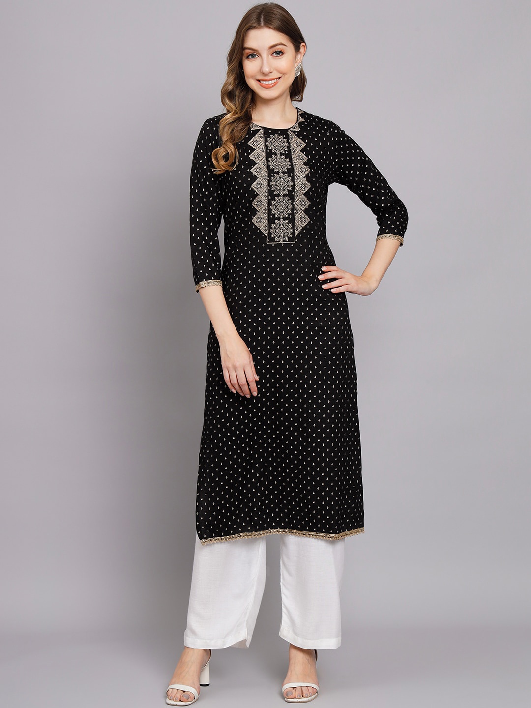 

Nehamta Women Black Geometric Yoke Design Thread Work Floral Kurta