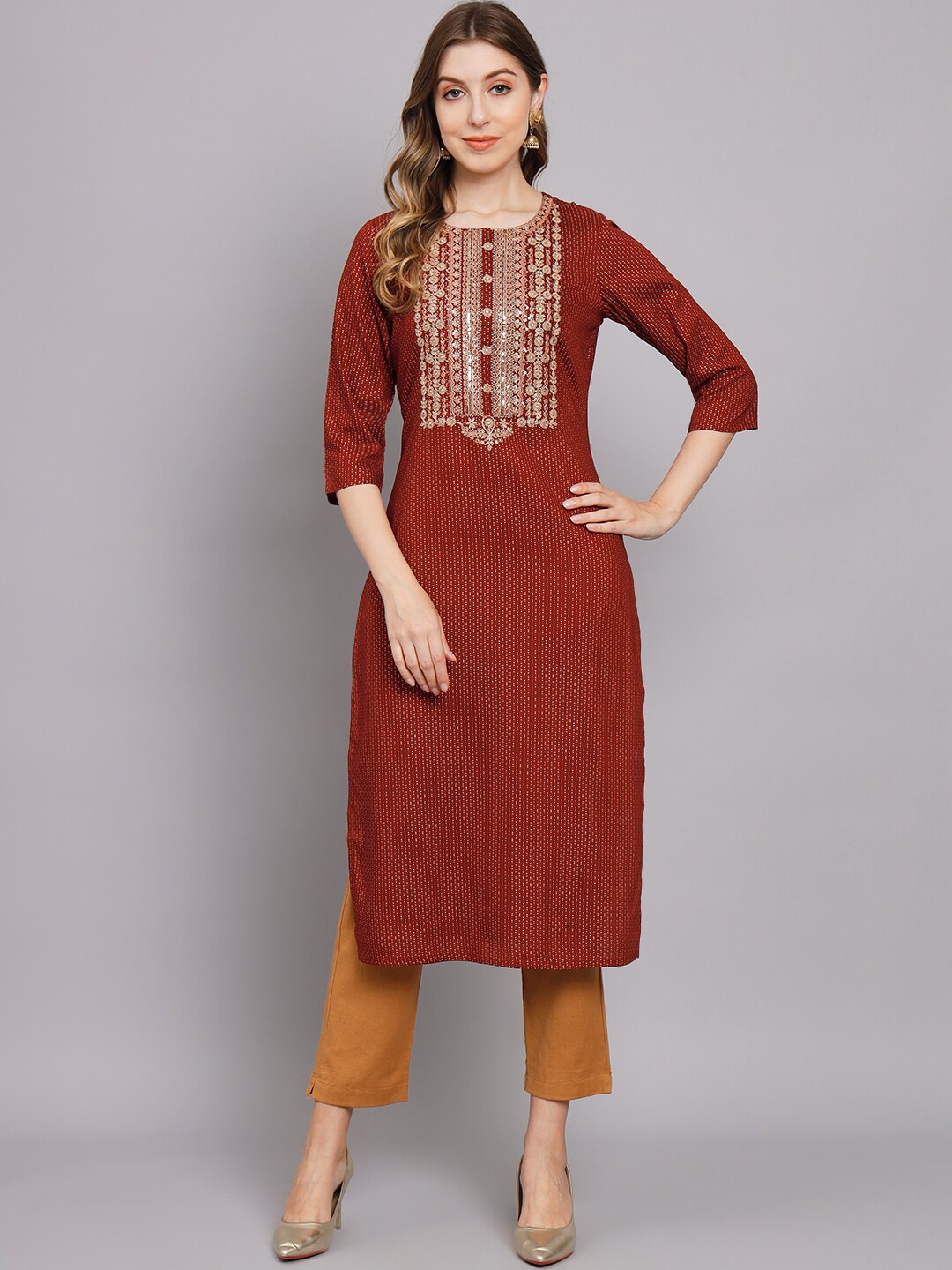 

Nehamta Ethnic Motifs Printed Thread Work Kurta, Maroon
