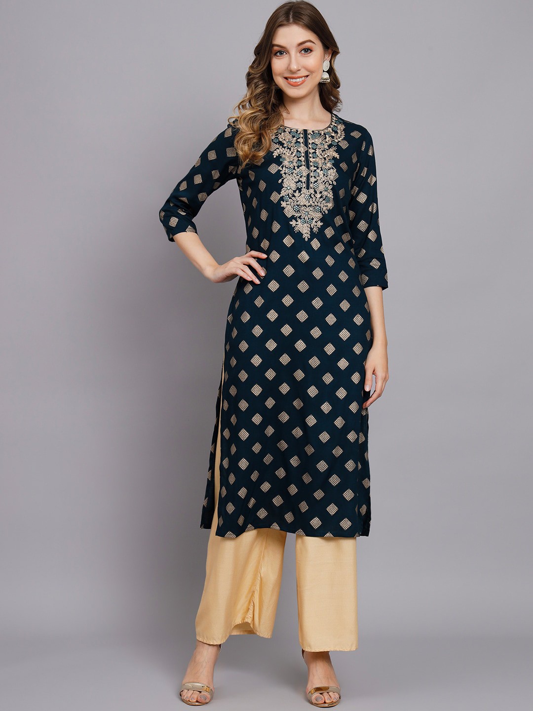 

Nehamta Ethnic Motifs Printed Thread Work Kurta, Teal