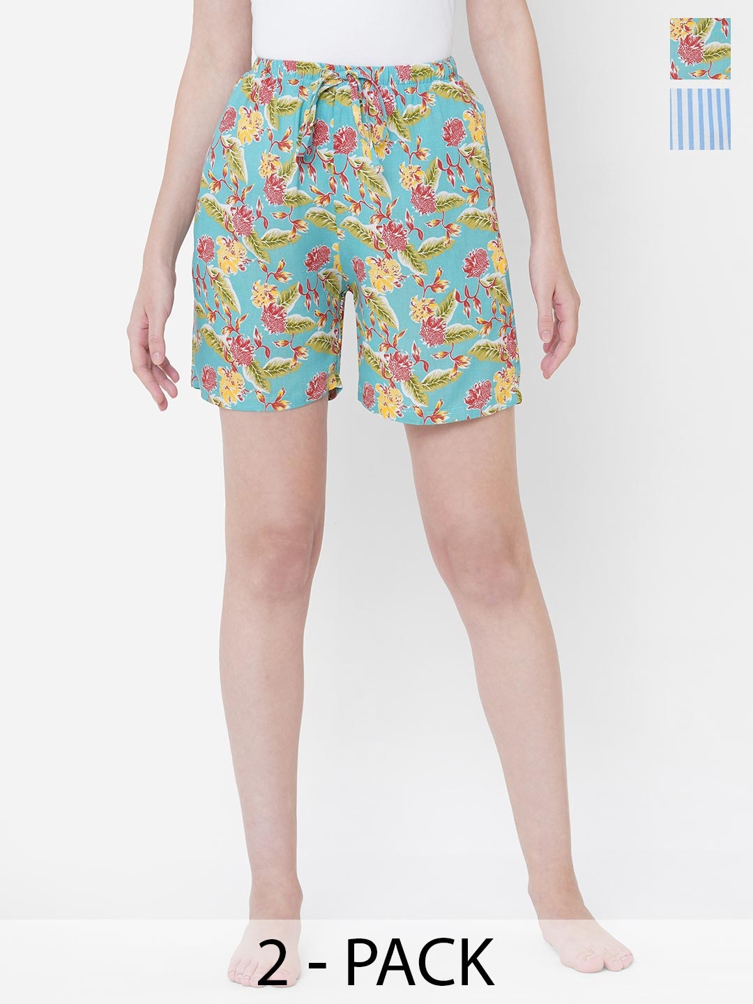 URBAN SCOTTISH Women Pack Of 2 Floral Printed Lounge Shorts, Blue