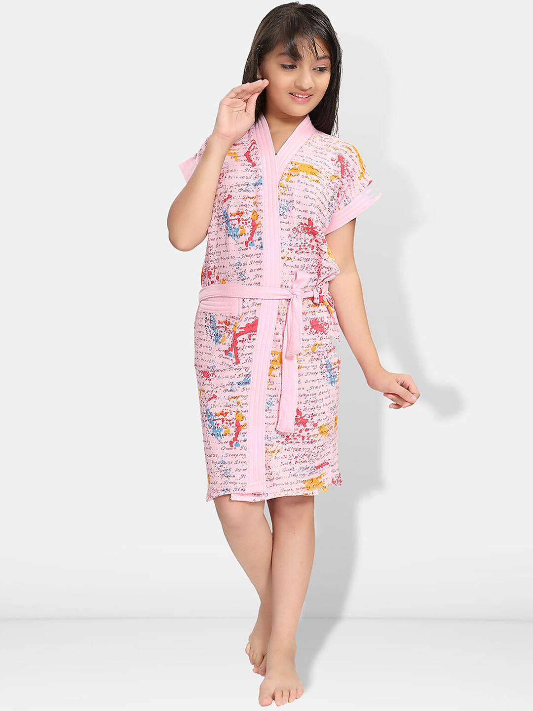 

Be You Kids Printed Terry Cotton Water Absorbent Bath Robe With Belt, Pink