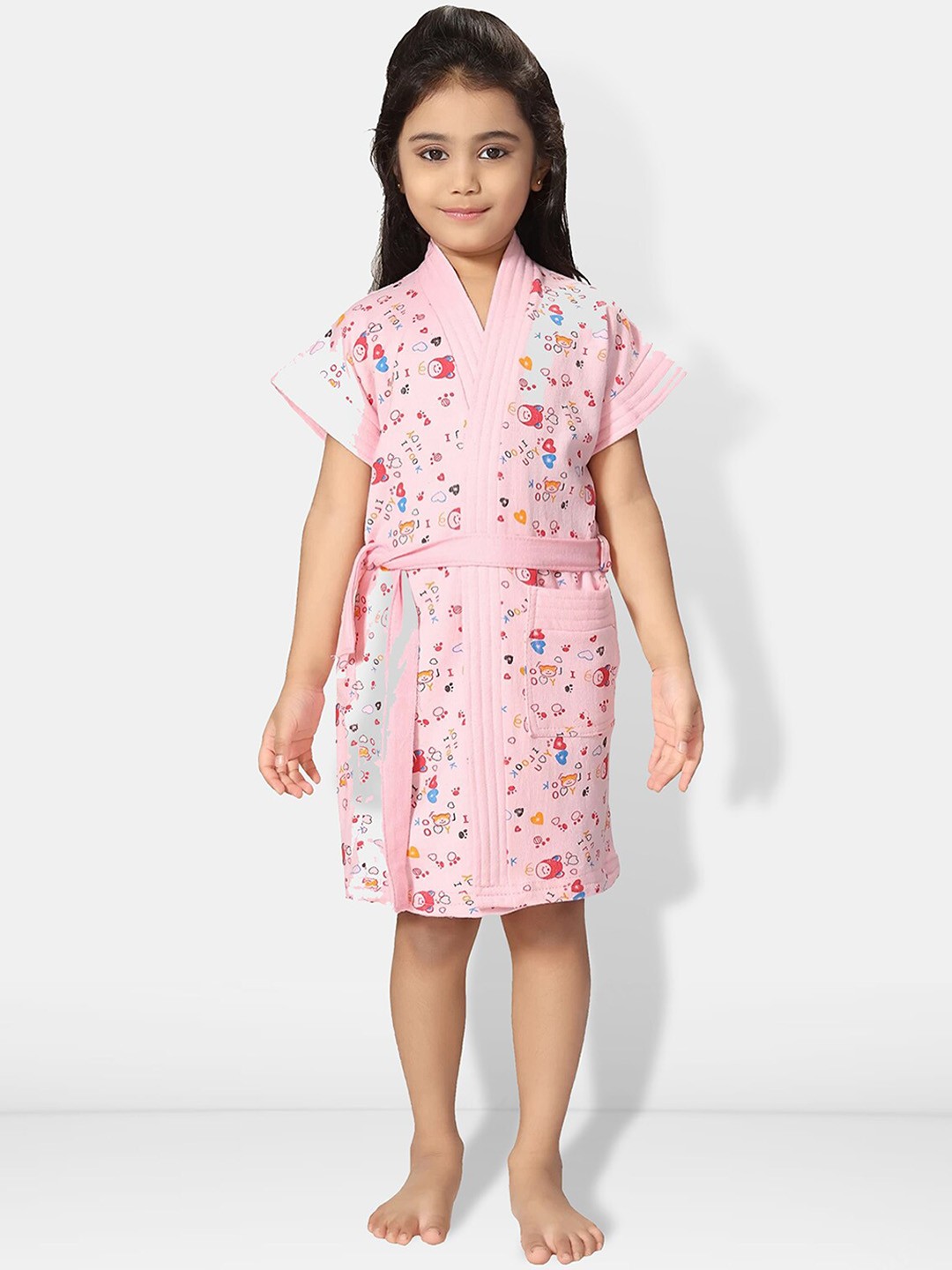 

Be You Girls Printed Terry Cotton Water Absorbent Bath Robe With Belt, Pink