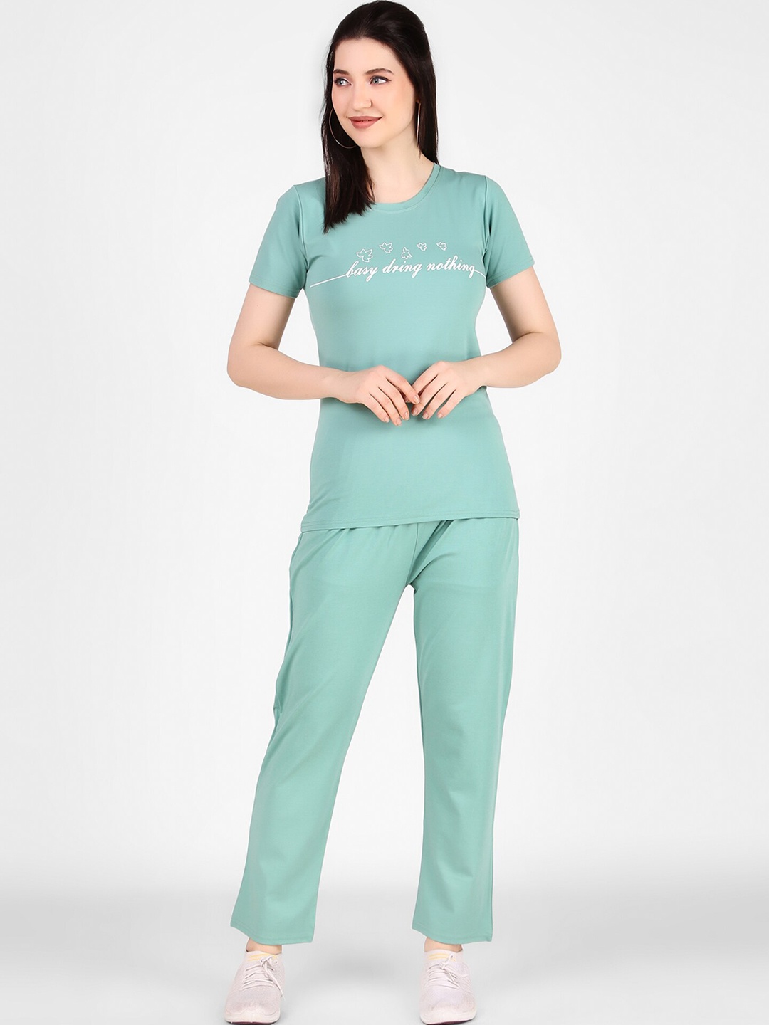 

FNOCKS Round Neck Typography Printed Night Suit, Green