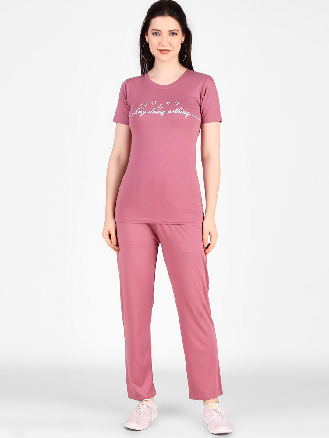 

FNOCKS Round Neck Typography Printed Night Suit, Pink