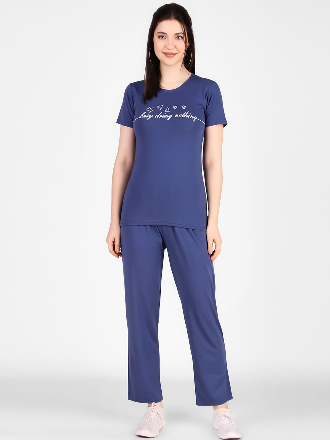 

FNOCKS Round Neck Typography Printed Night Suit, Blue