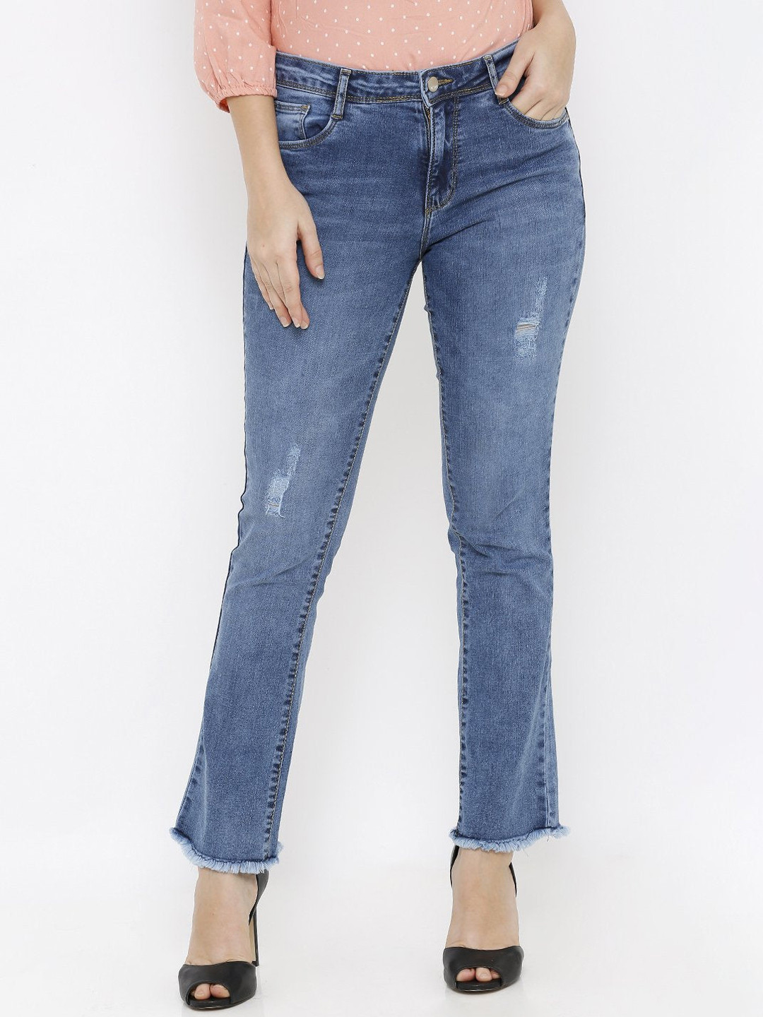 

Kraus Jeans Women Bootcut Low Distress Heavy Fade Jeans, Blue