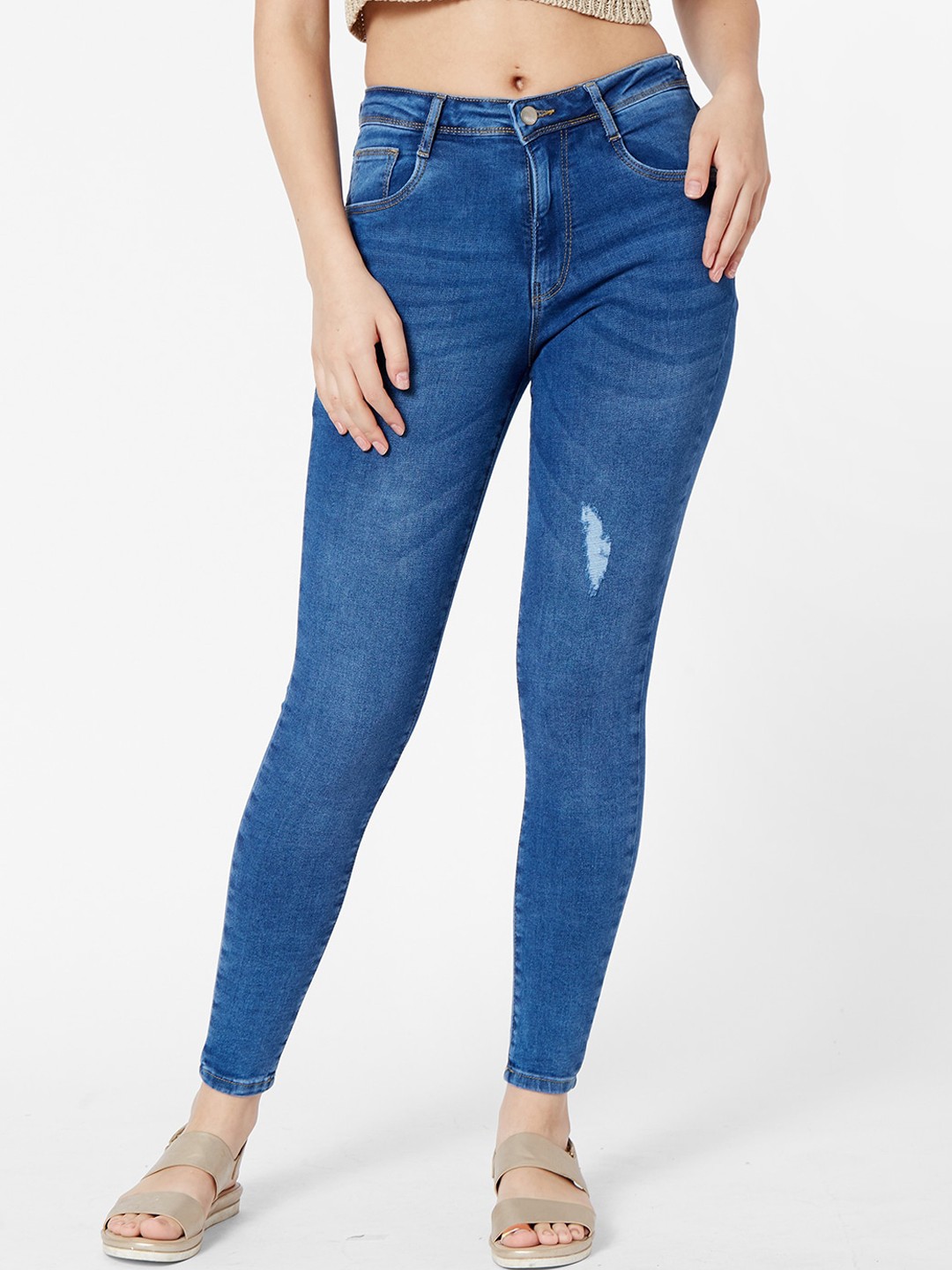

Kraus Jeans Women Skinny Fit Mid-Rise Low Distress Cropped Jeans, Blue