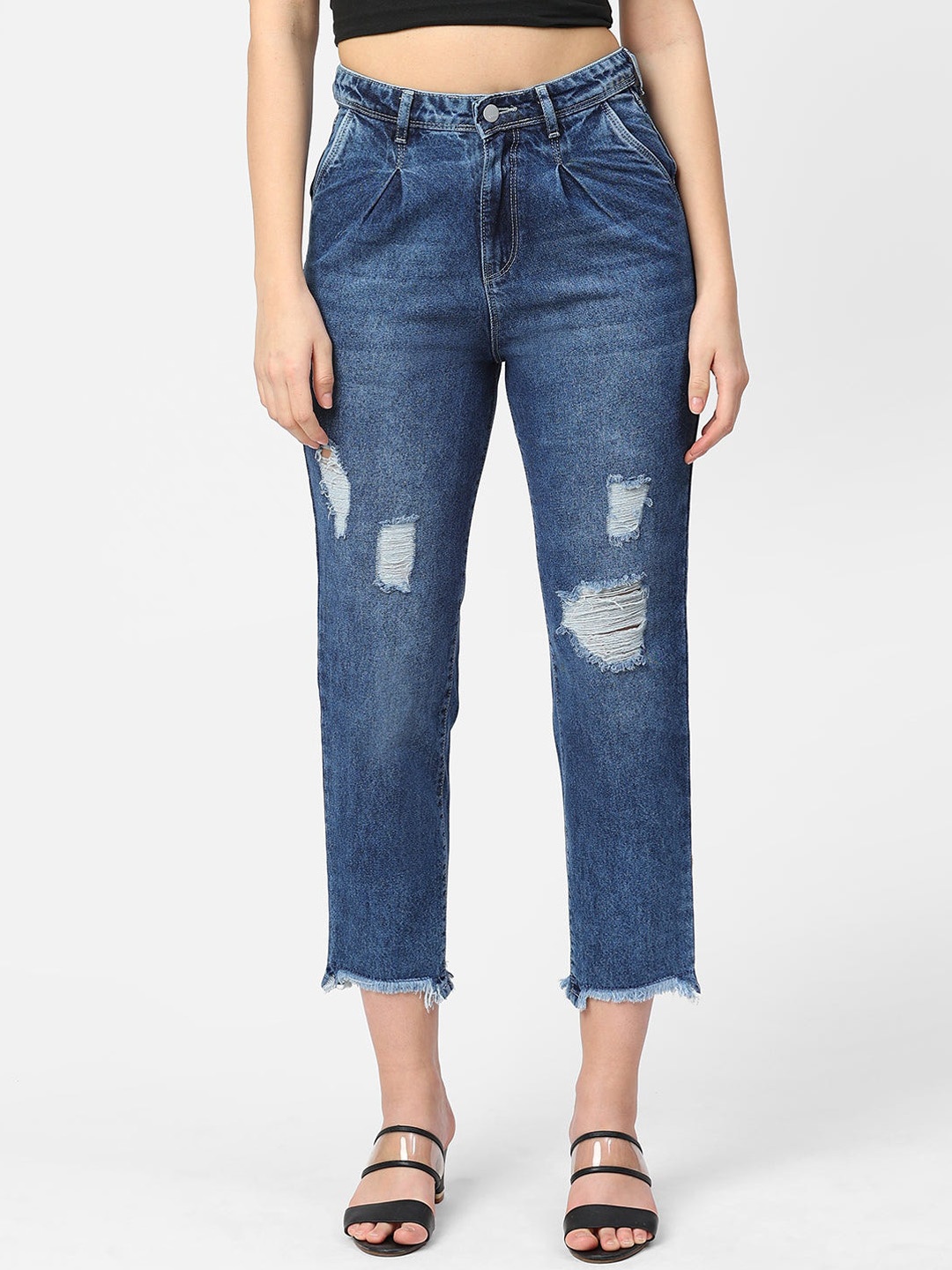 

Kraus Jeans Women Tapered Fit High-Rise Mildly Distressed Light Fade Pure Cotton Jeans, Blue